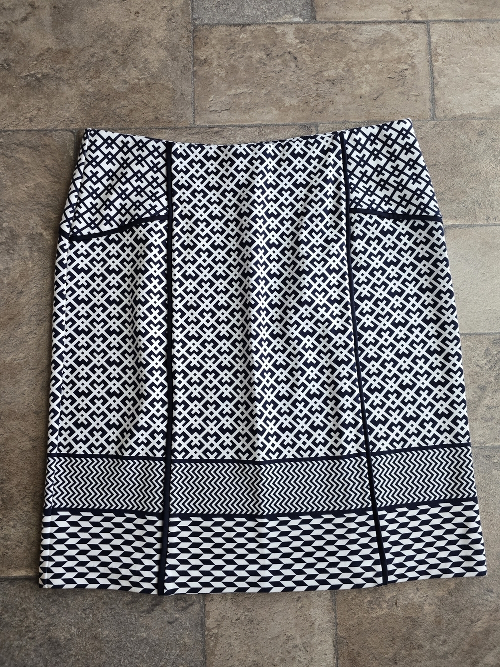 Navy & White Patterned A-Line Skirt